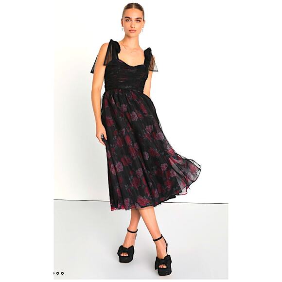 Lulus Striking Scene Black Floral Mesh Ruched Tie-Strap Midi Dress Size XL - Picture 8 of 11